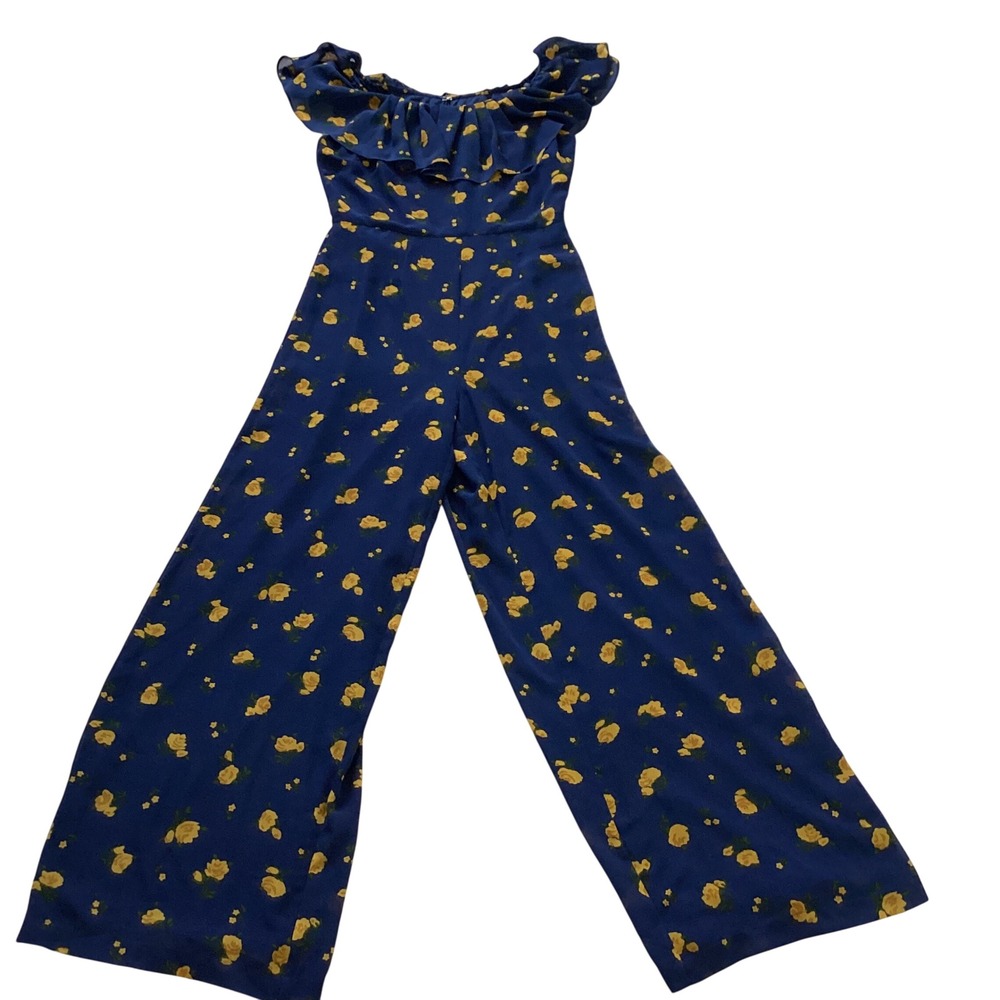 Betsey Johnson Blue Yellow Floral Wide‎ Leg Jumpsuit Ruffle Off Shoulder Size 6 - Picture 11 of 12